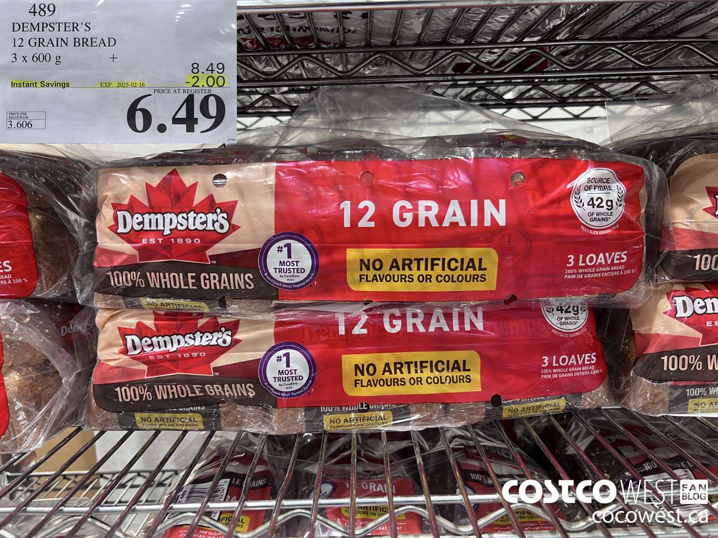 489 DEMPSTER'S 100% WHOLE GRAINS 12 GRAIN BREAD 3 X 600 G ($2.00 INSTANT SAVINGS EXPIRES ON 2025-02-16) $6.49