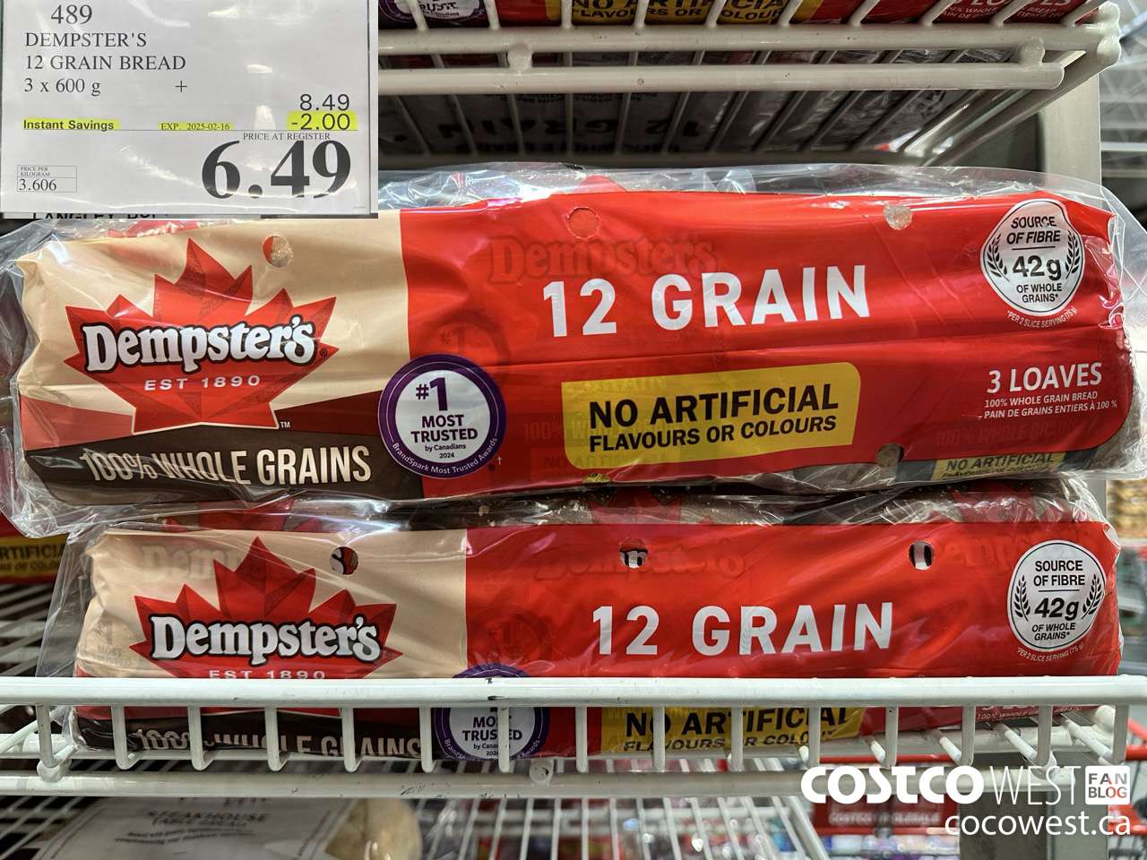 489 DEMPSTER'S 100% WHOLE GRAINS 12 GRAIN BREAD 3 X 600 G ($2.00 INSTANT SAVINGS EXPIRES ON 2025-02-16) $6.49