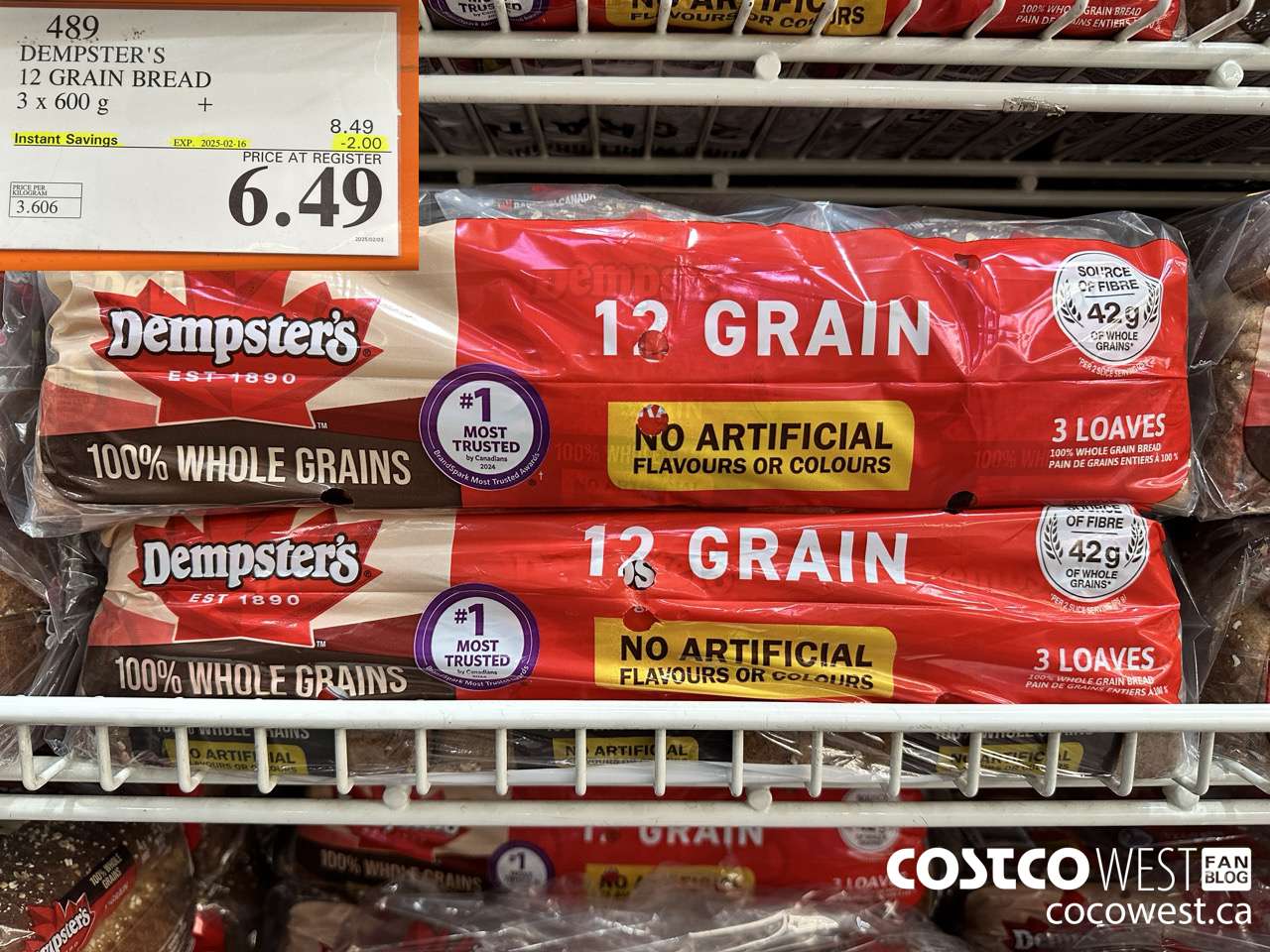 489 DEMPSTER'S 100% WHOLE GRAINS 12 GRAIN BREAD 3 X 600 G ($2.00 INSTANT SAVINGS EXPIRES ON 2025-02-16) $6.49