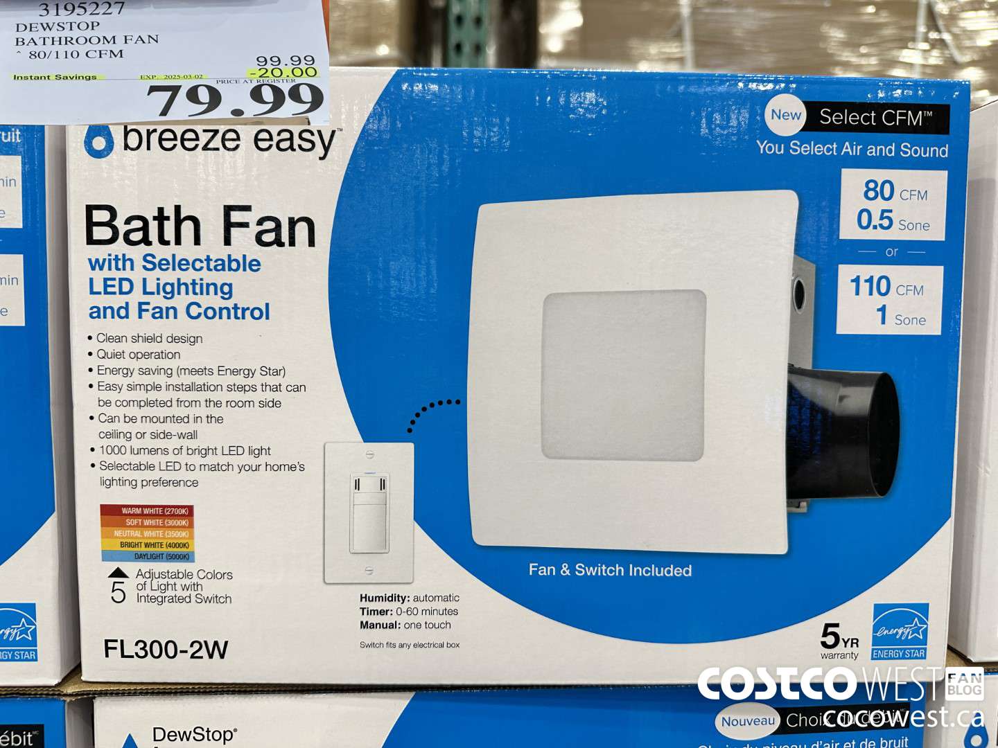 3195227 DEWSTOP BATHROOM FAN & SWITCH 80/110 CFM ($20.00 INSTANT SAVINGS EXPIRES ON 2025-03-02) $79.99