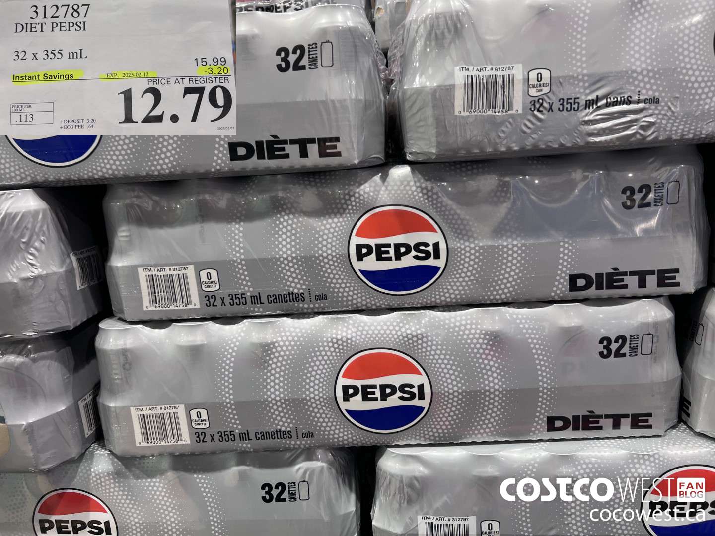 312787 DIET PEPSI 32 X 355 ML ($3.0 INSTANT SAVINGS EXPIRES ON 2025-02-12) $12.79