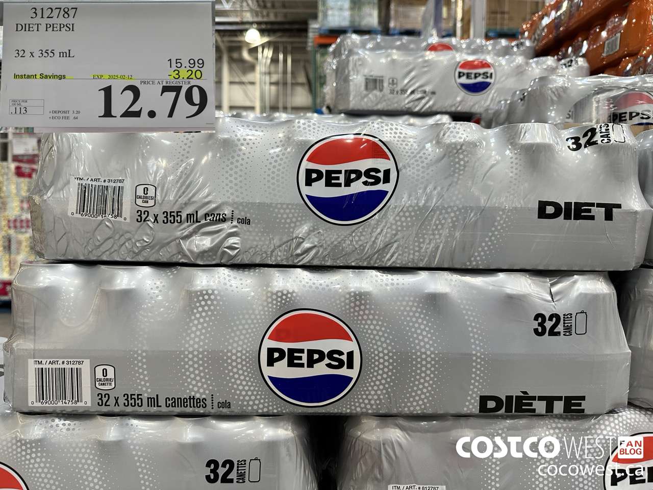 312787 DIET PEPSI 32 X 355 ML ($3.20 INSTANT SAVINGS EXPIRES ON 2025-02-12) $12.79