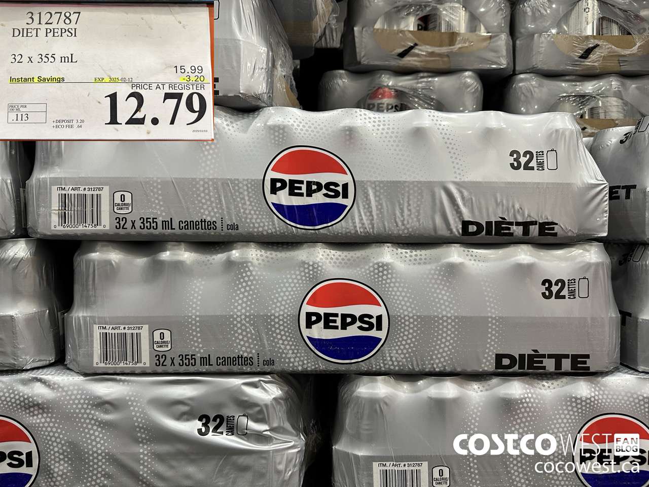 312787 DIET PEPSI 32 X 355 ML ($3.20 INSTANT SAVINGS EXPIRES ON 2025-02-12) $12.79
