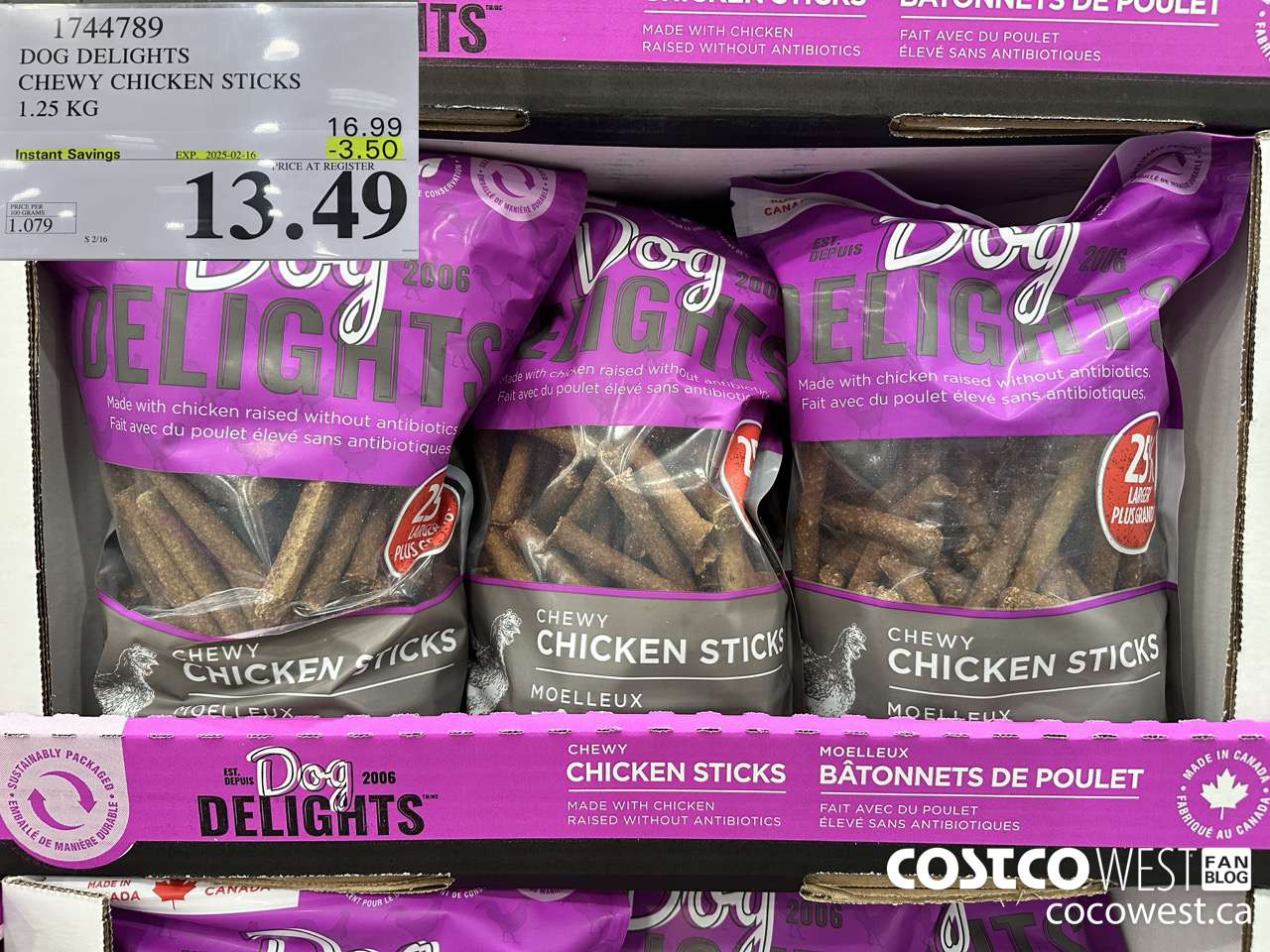 1744789 DOG DELIGHTS CHEWY CHICKEN STICKS 1.25 KG ($3.50 INSTANT SAVINGS EXPIRES ON 2025-02-16) $13.49