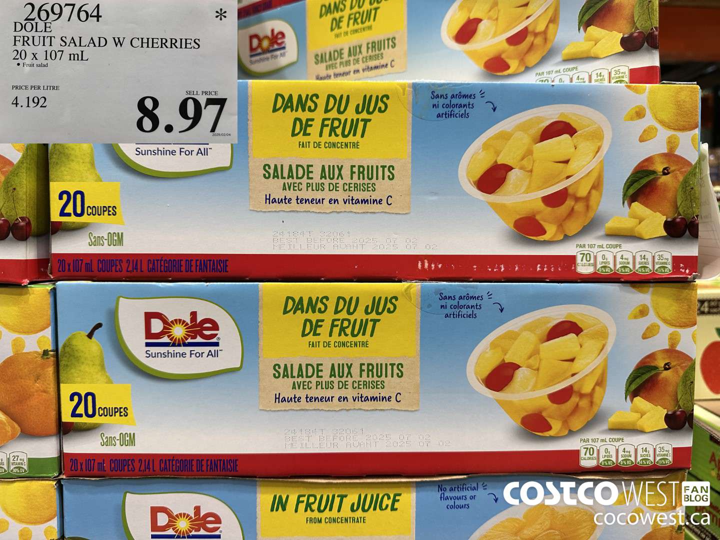 269764 DOLE FRUIT SALAD W CHERRIES 20 x 107 mL $8.97