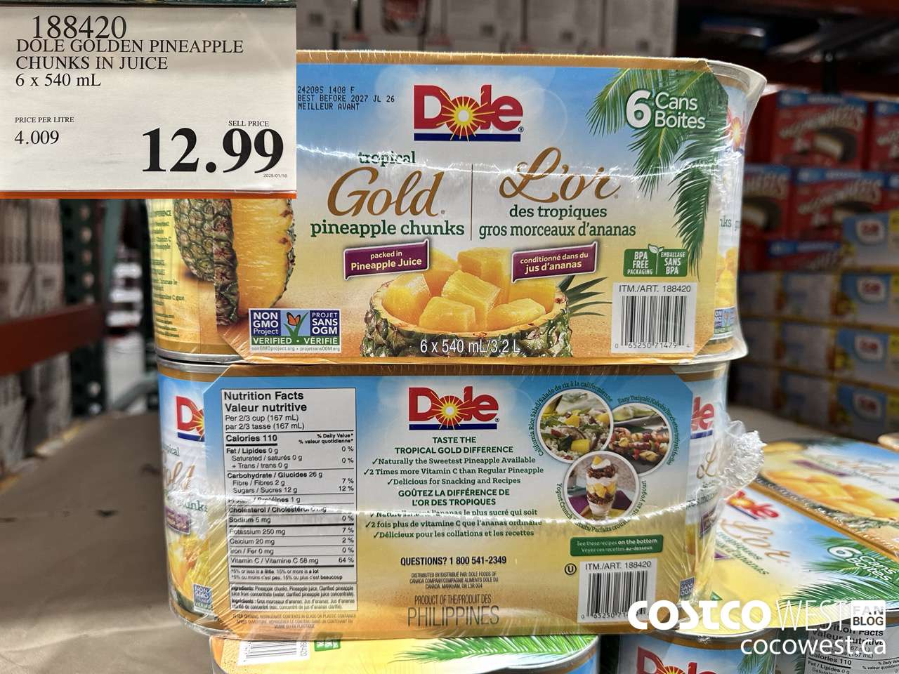 188420 DOLE GOLDEN PINEAPPLE CHUNKS IN JUICE 6 x 540 mL $12.99