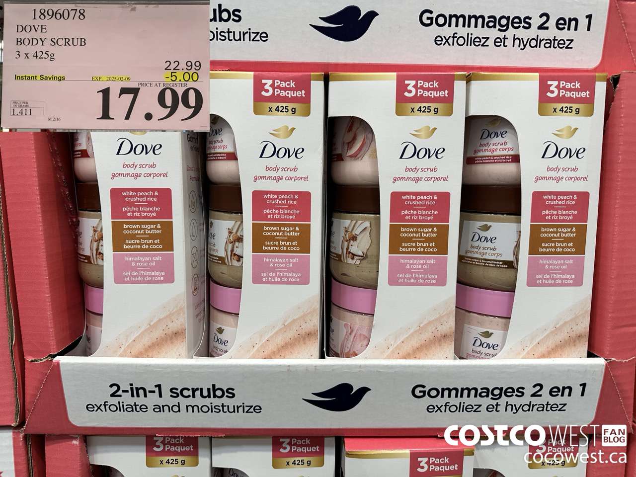 1896078 DOVE BODY SCRUB 3 x 425g ($5.00 INSTANT SAVINGS EXPIRES ON 2025-02-09) $17.99