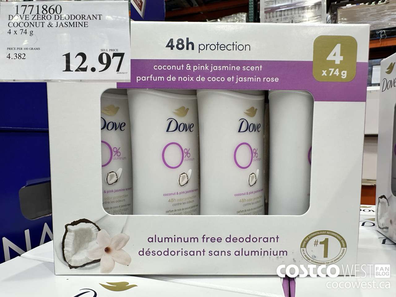1771860 DOVE ZERO DEODORANT COCONUT & JASMINE 4 X 74G $12.97