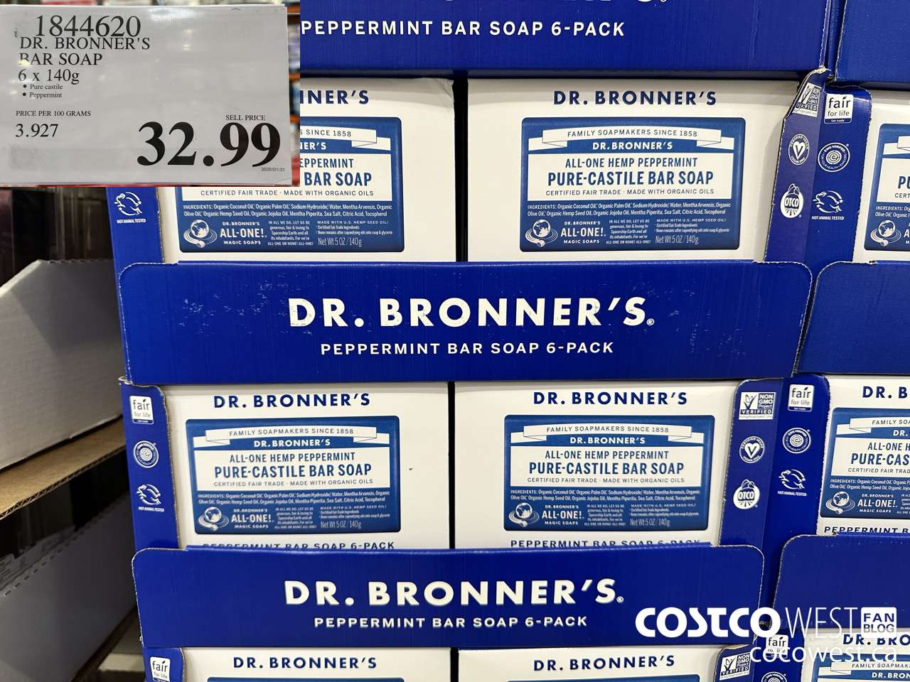 1844620 DR. BRONNER'S BAR SOAP 6 X 140G $32.99
