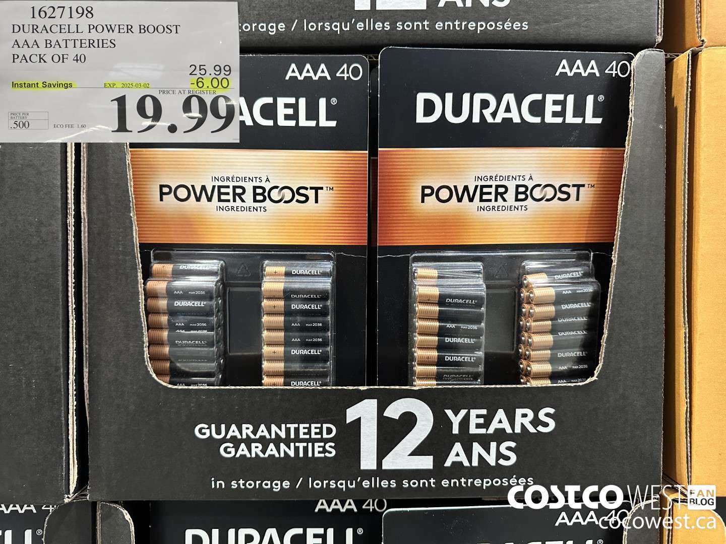 1627198 DURACELL POWER BOOST AAA BATTERIES PACK OF 40 ($6.00 INSTANT SAVINGS EXPIRES ON 2025-03-02) $19.99