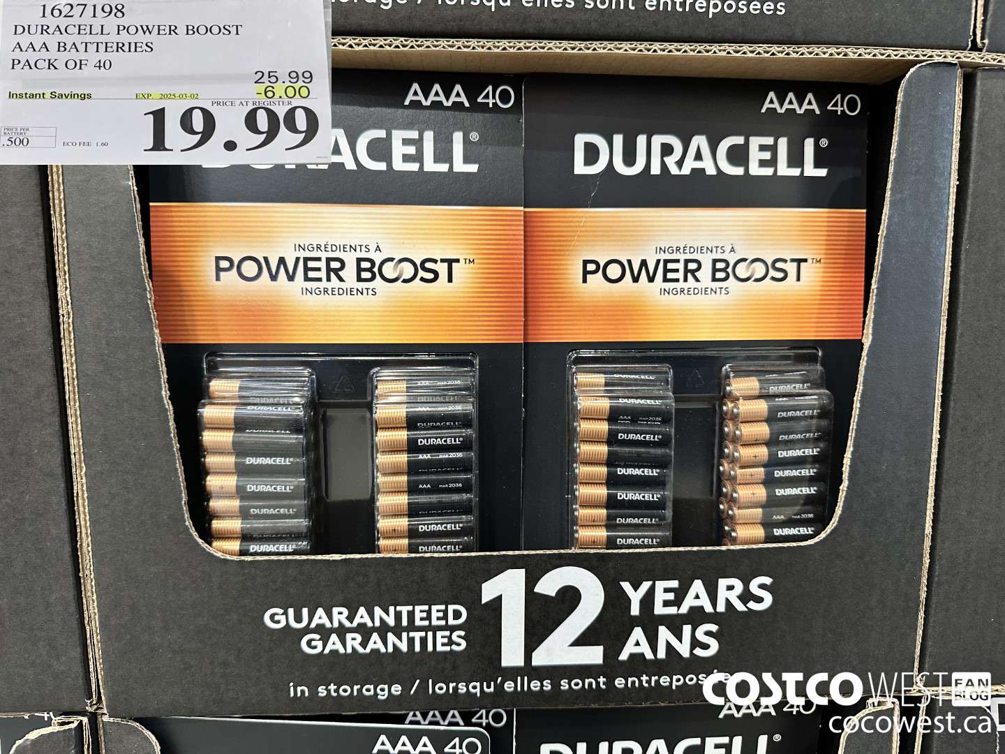 1627198 DURACELL POWER BOOST AAA BATTERIES PACK OF 40 ($6.00 INSTANT SAVINGS EXPIRES ON 2025-03-02) $19.99