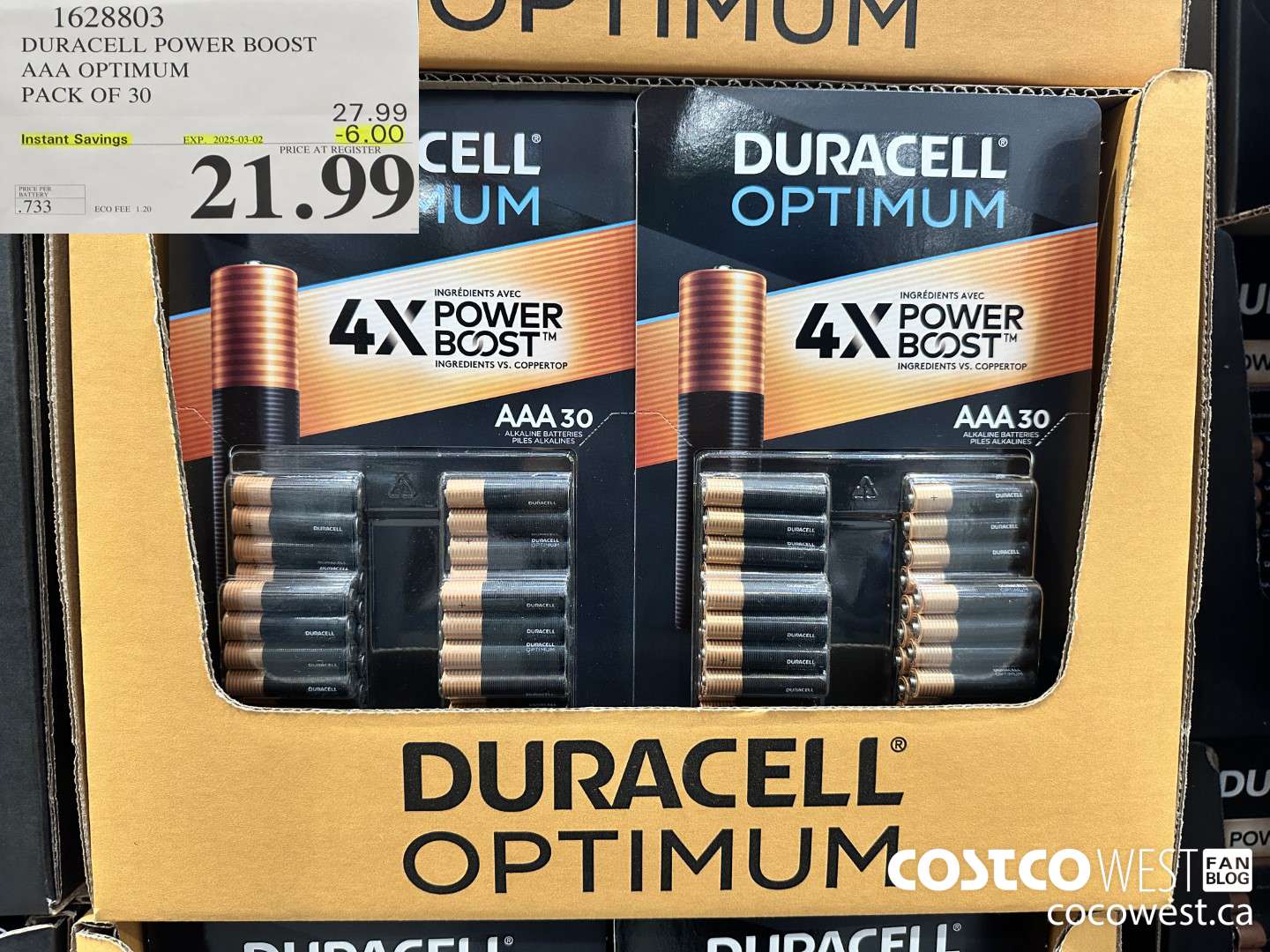 1628803 DURACELL POWER BOOST AAA OPTIMUM PACK OF 30 ($6.00 INSTANT SAVINGS EXPIRES ON 2025-03-02) $21.99