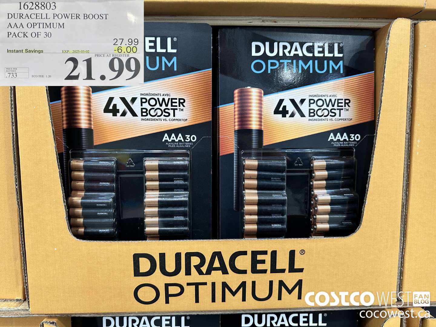 1628803 DURACELL POWER BOOST AAA OPTIMUM PACK OF 30 ($6.00 INSTANT SAVINGS EXPIRES ON 2025-03-02) $21.99