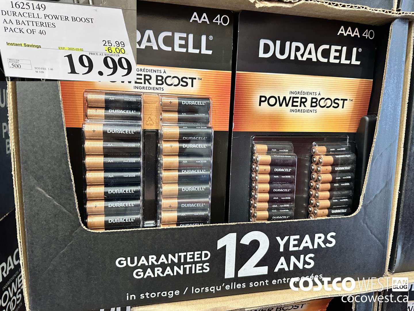 1625149 DURACELL POWER BOOST AA BATTERIES PACK OF 40 ($6.00 INSTANT SAVINGS EXPIRES ON 2025-03-02) $19.99