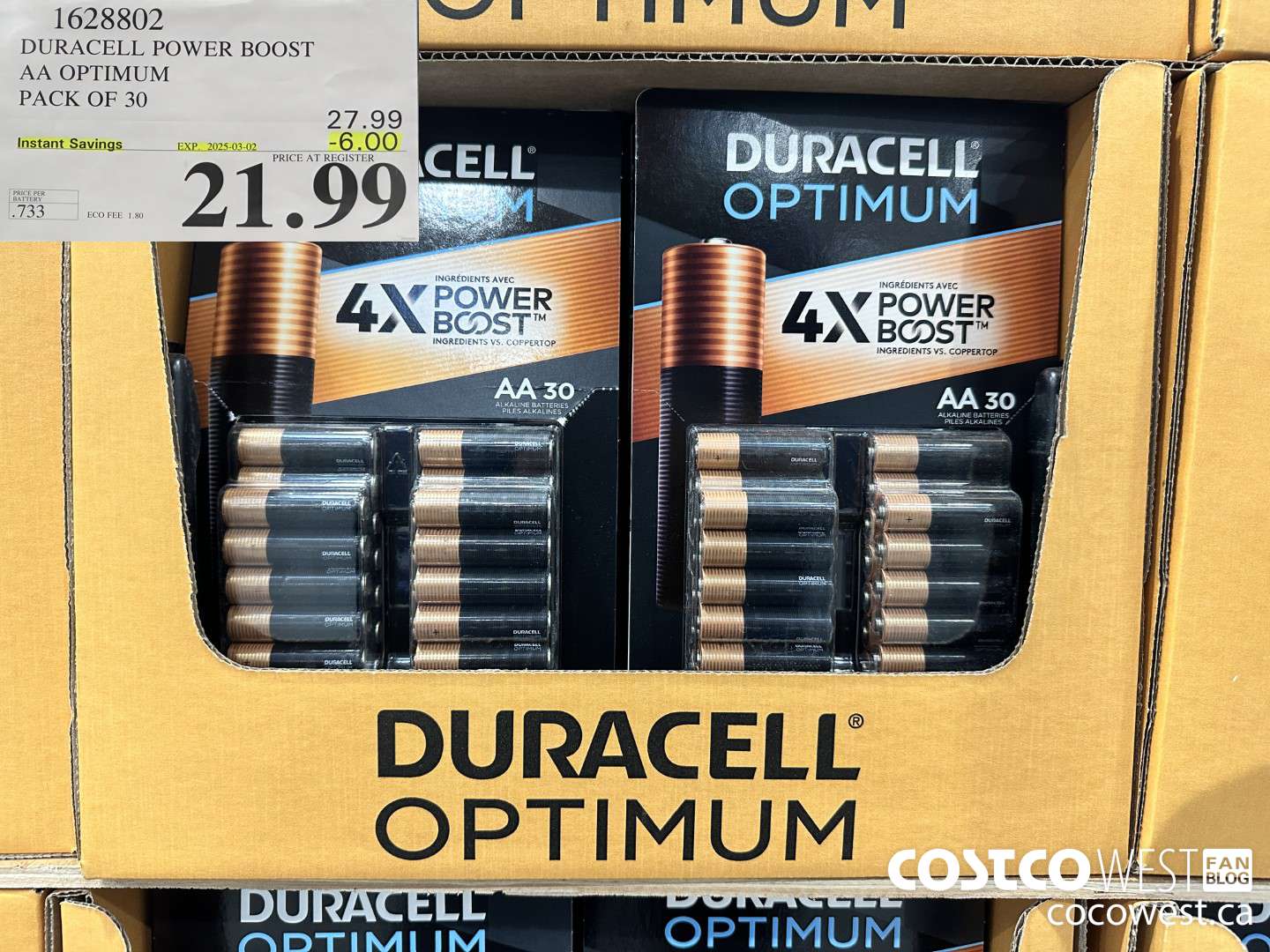 1628802 DURACELL POWER BOOST AA OPTIMUM PACK OF 30 ($6.00 INSTANT SAVINGS EXPIRES ON 2025-03-02) $21.99