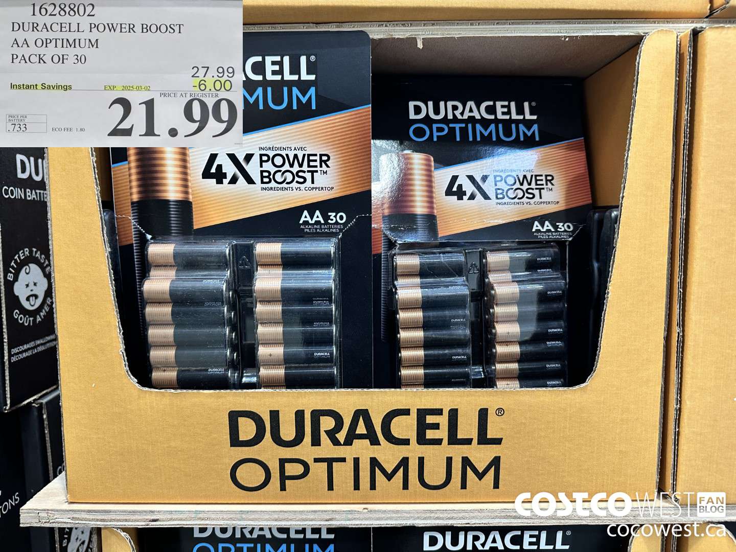 1628802 DURACELL POWER BOOST AA OPTIMUM PACK OF 30 ($6.00 INSTANT SAVINGS EXPIRES ON 2025-03-02) $21.99