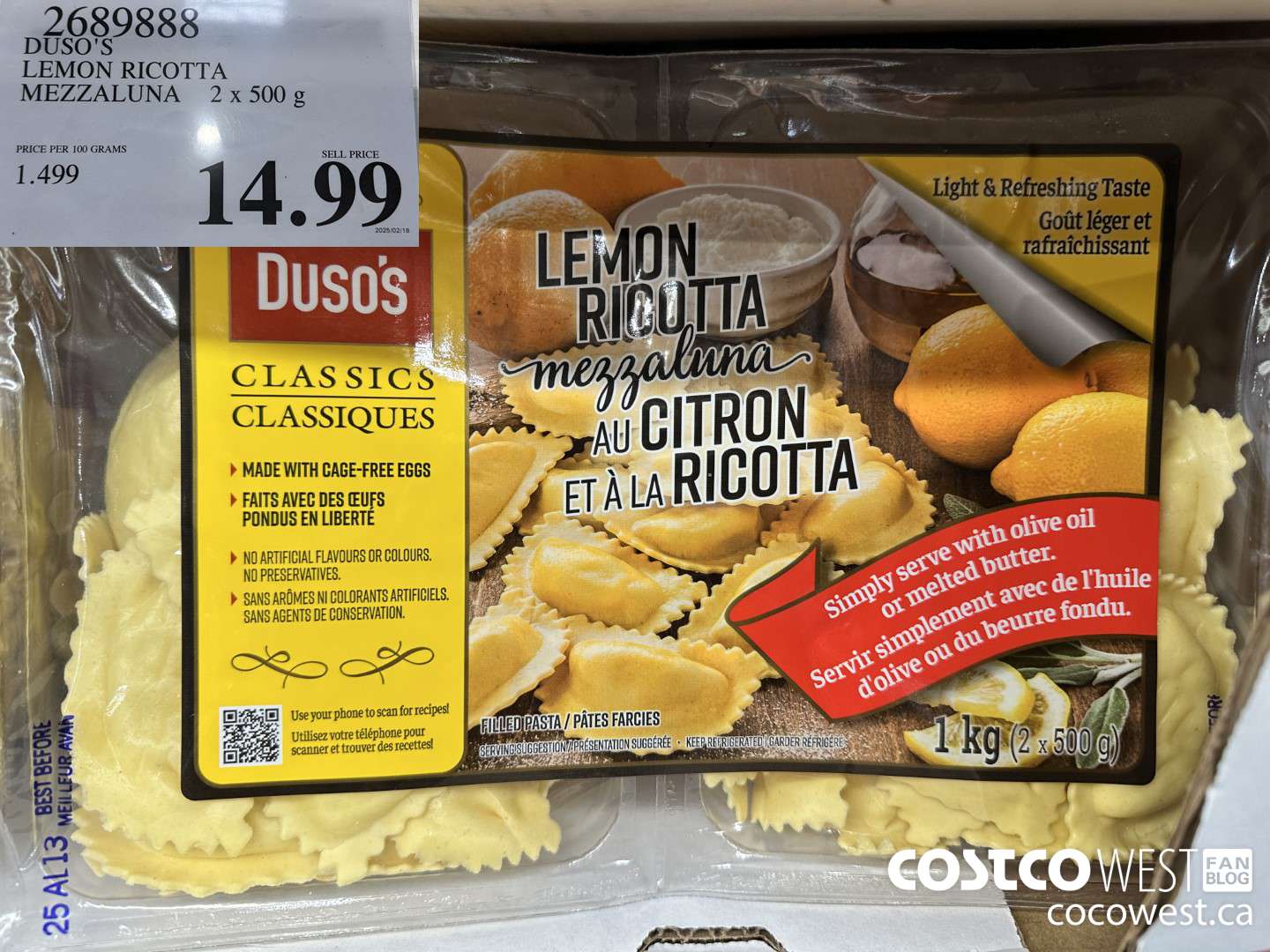 2689888 DUSO'S LEMON RICOTTA MEZZALUNA 2x 500g $14.99