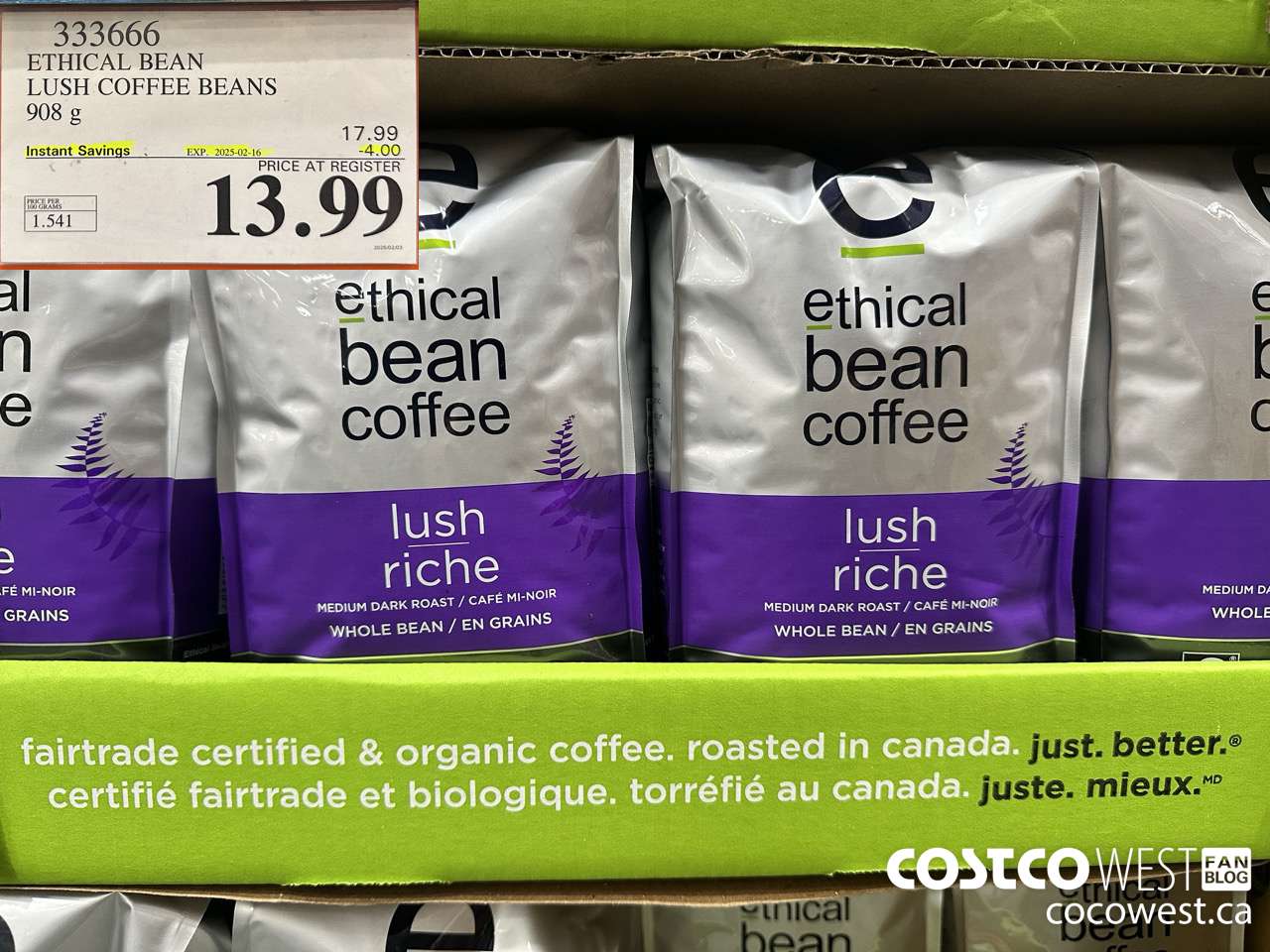 333666 ETHICAL BEAN ORGANIC LUSH COFFEE BEANS 908 g ($4.00 INSTANT SAVINGS EXPIRES ON 2025-02-16) $13.99