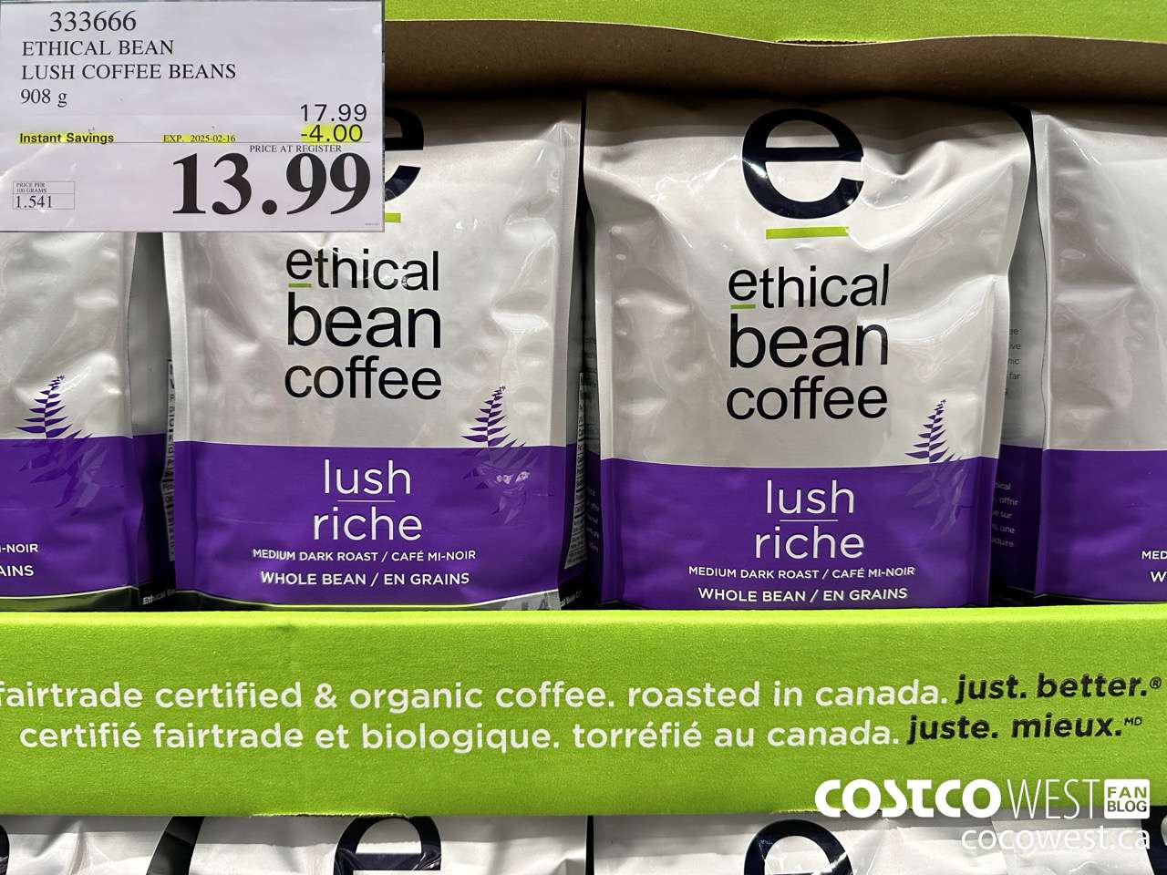 333666 ETHICAL BEAN ORGANIC LUSH COFFEE BEANS 908 g ($4.00 INSTANT SAVINGS EXPIRES ON 2025-02-16) $13.99