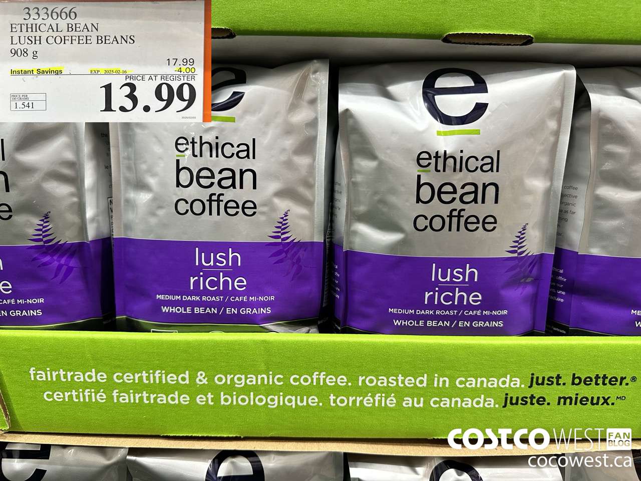 333666 ETHICAL BEAN ORGANIC LUSH COFFEE BEANS 908 g ($4.00 INSTANT SAVINGS EXPIRES ON 2025-02-16) $13.99