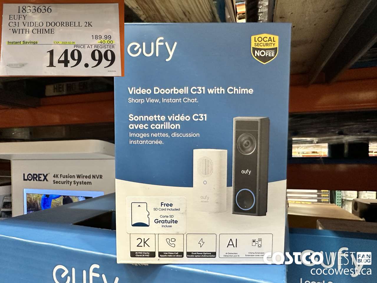 1833636 EUFY C31 VIDEO DOORBELL 2K WITH CHIME ($40.00 INSTANT SAVINGS EXPIRES ON 2025-02-09) $149.99