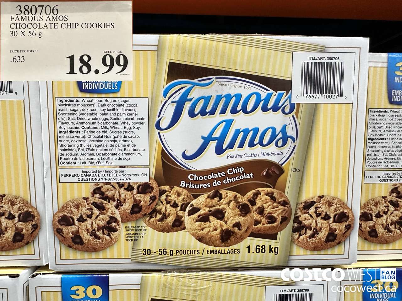 380706 FAMOUS AMOS CHOCOLATE CHIP COOKIES 30 X 56 g $18.99