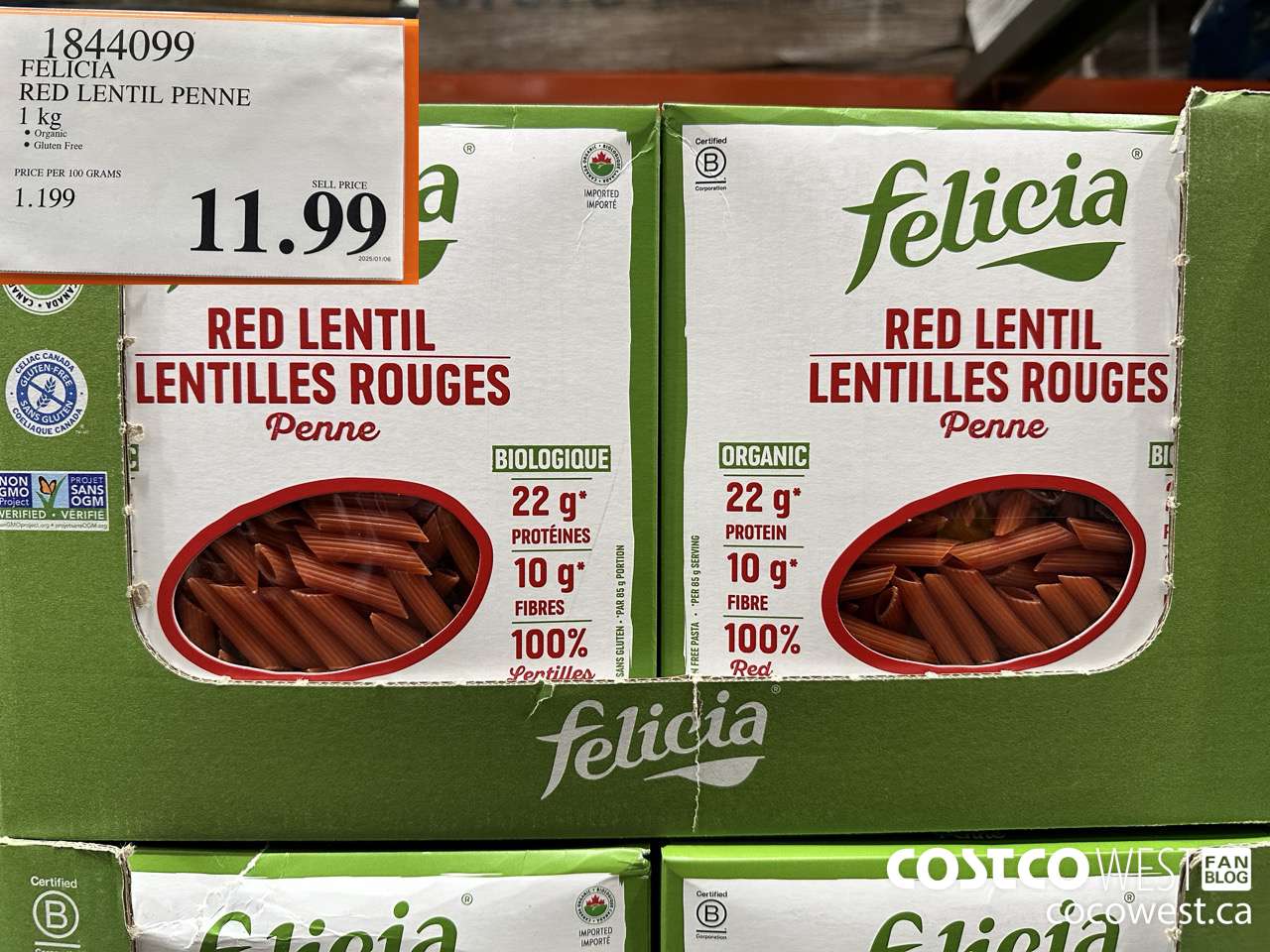 1844099 FELICIA RED LENTIL PENNE 1KG $11.99