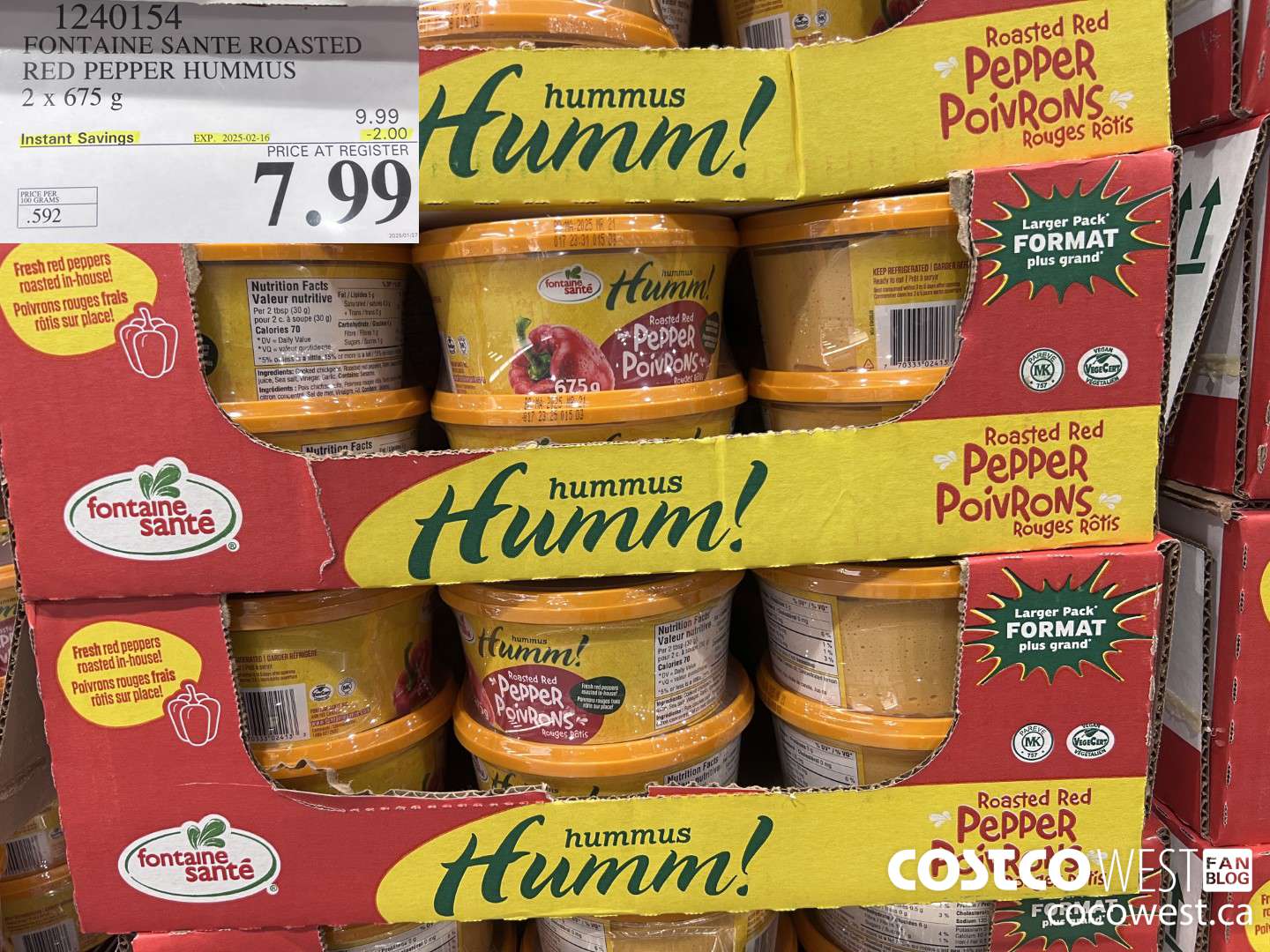 1240154 FONTAINE SANTE ROASTED RED PEPPER HUMMUS 2 X 675G ($2.00 INSTANT SAVINGS EXPIRES ON 2025-02-16) $7.99