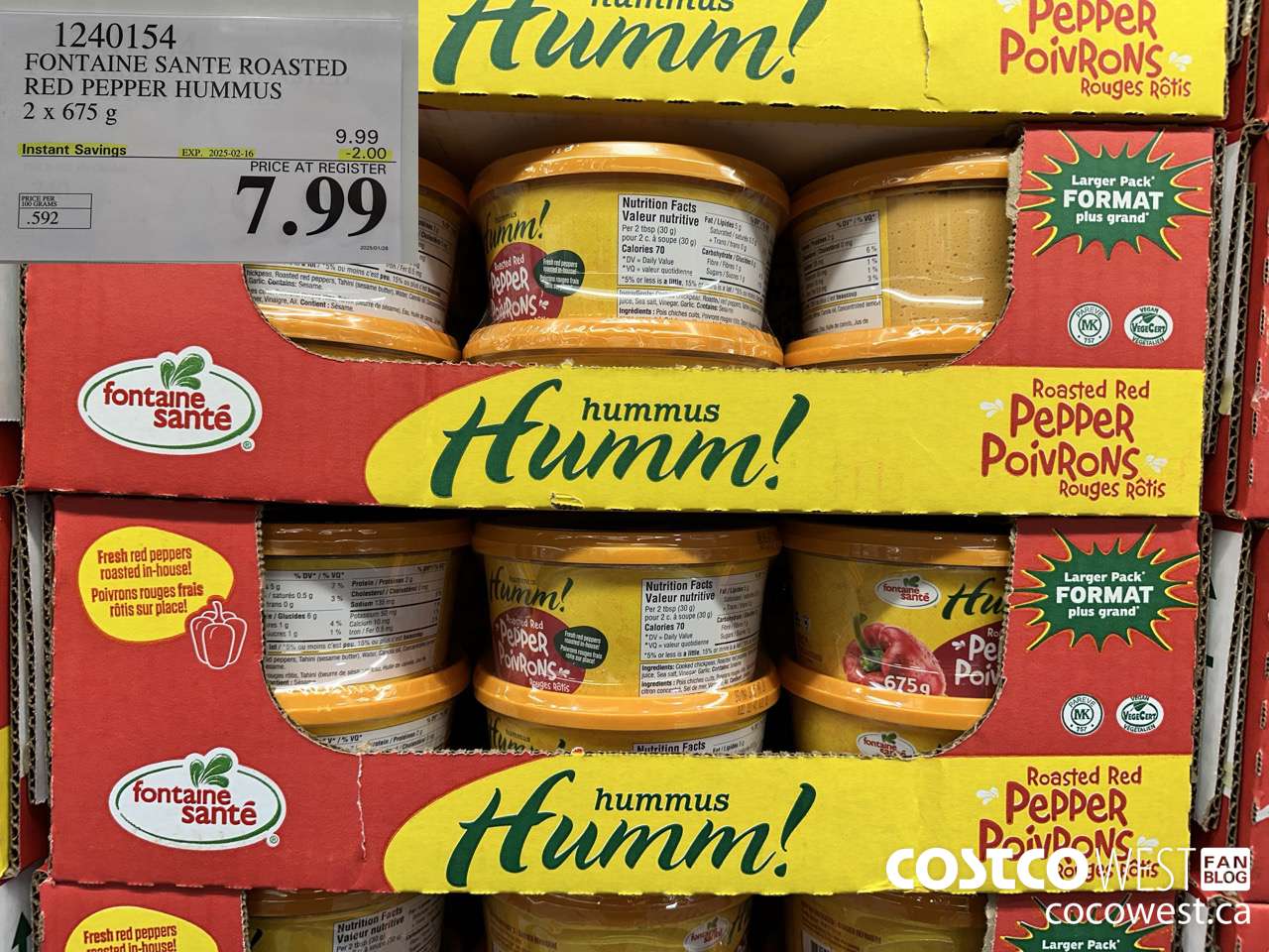 1240154 FONTAINE SANTE ROASTED RED PEPPER HUMMUS 2 X 675G ($2.00 INSTANT SAVINGS EXPIRES ON 2025-02-16) $7.99