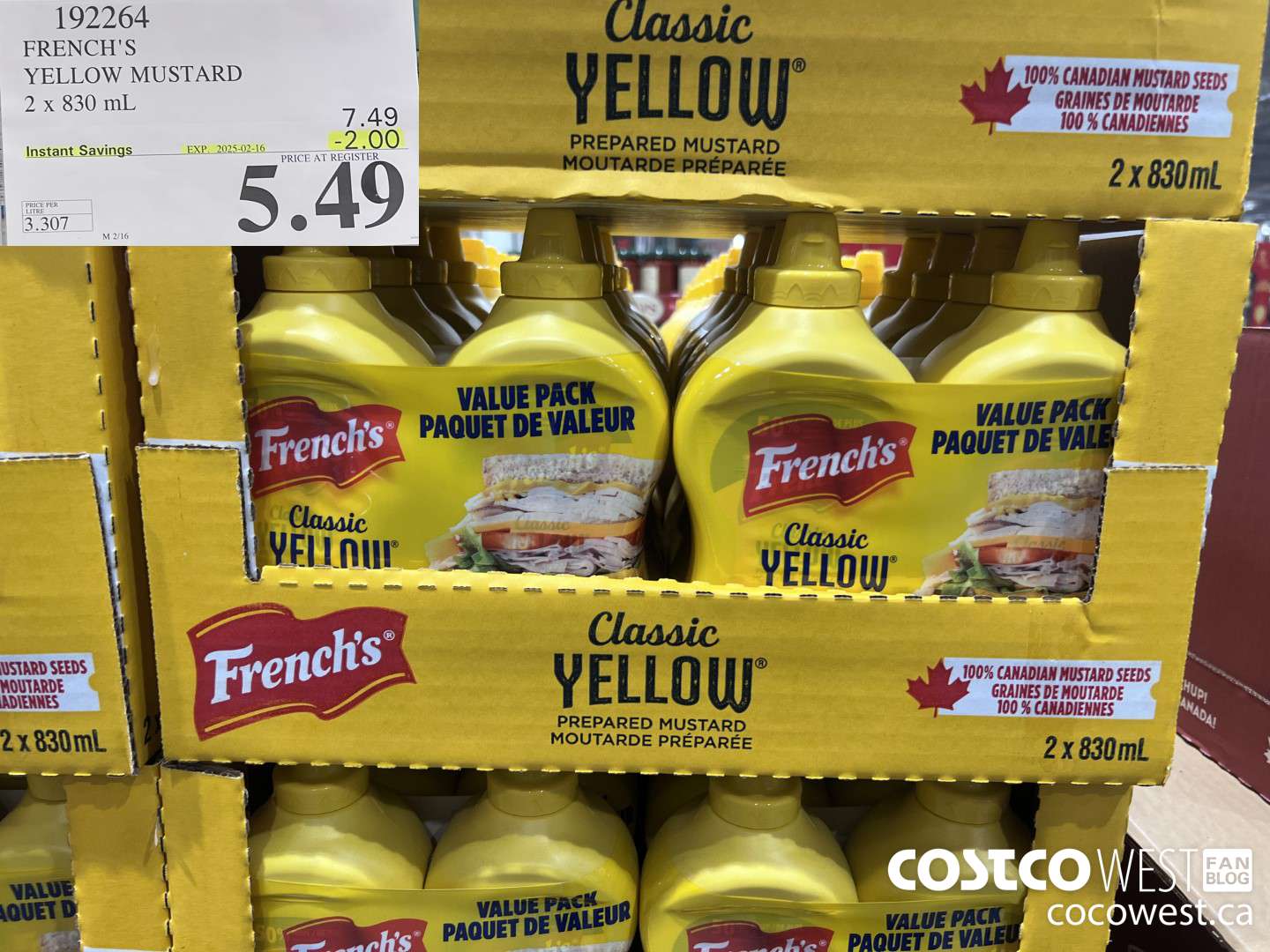 192264 FRENCH'S YELLOW MUSTARD 2 x 830 mL ($2.00 INSTANT SAVINGS EXPIRES ON 2025-02-16) $5.49