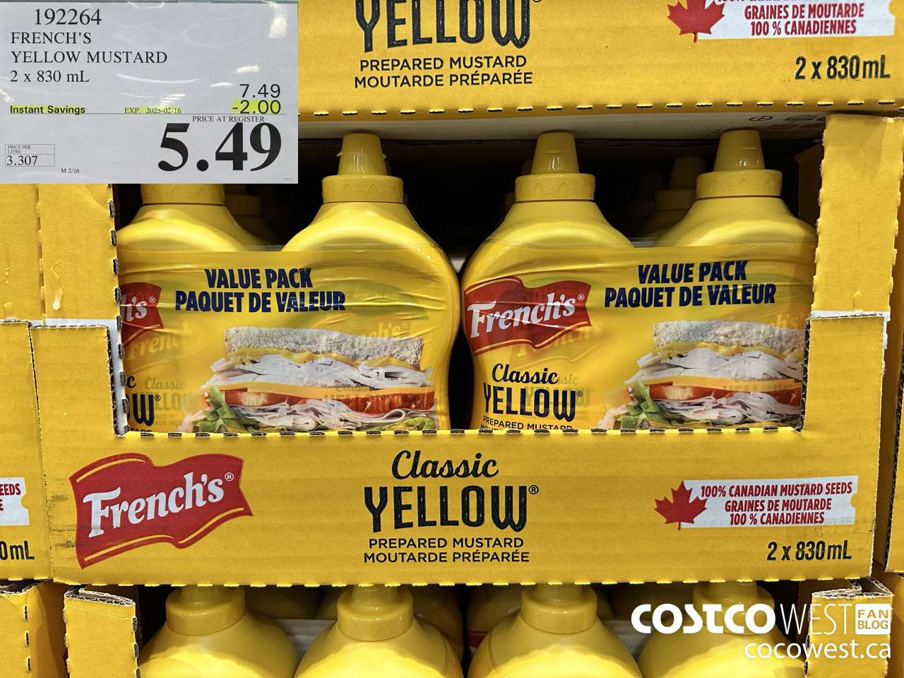 192264 FRENCH'S YELLOW MUSTARD 2 x 830 mL ($2.00 INSTANT SAVINGS EXPIRES ON 2025-02-16) $5.49
