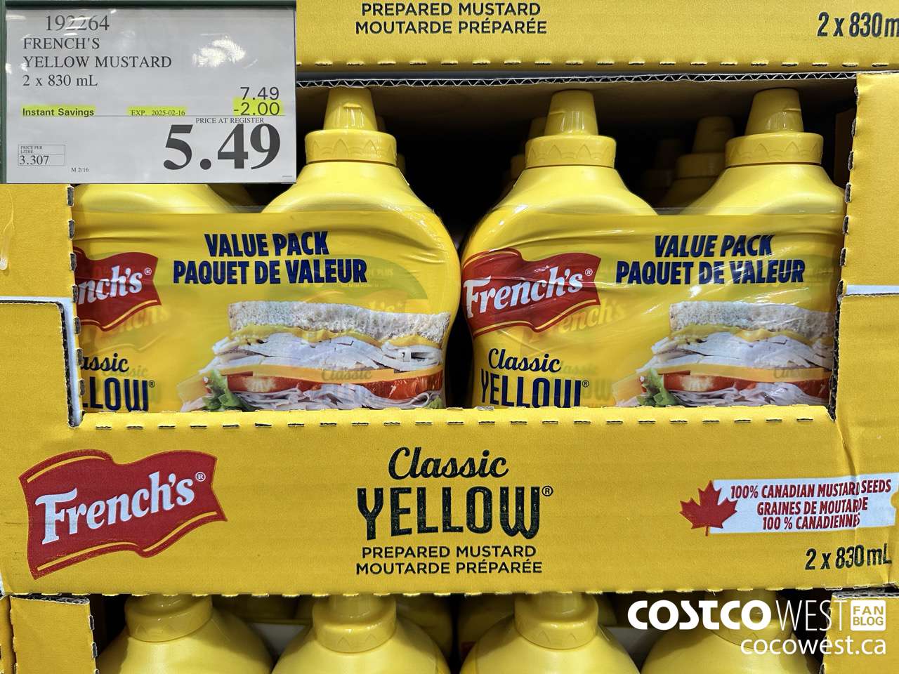 192264 FRENCH'S YELLOW MUSTARD 2 x 830 mL ($2.00 INSTANT SAVINGS EXPIRES ON 2025-02-16) $5.49