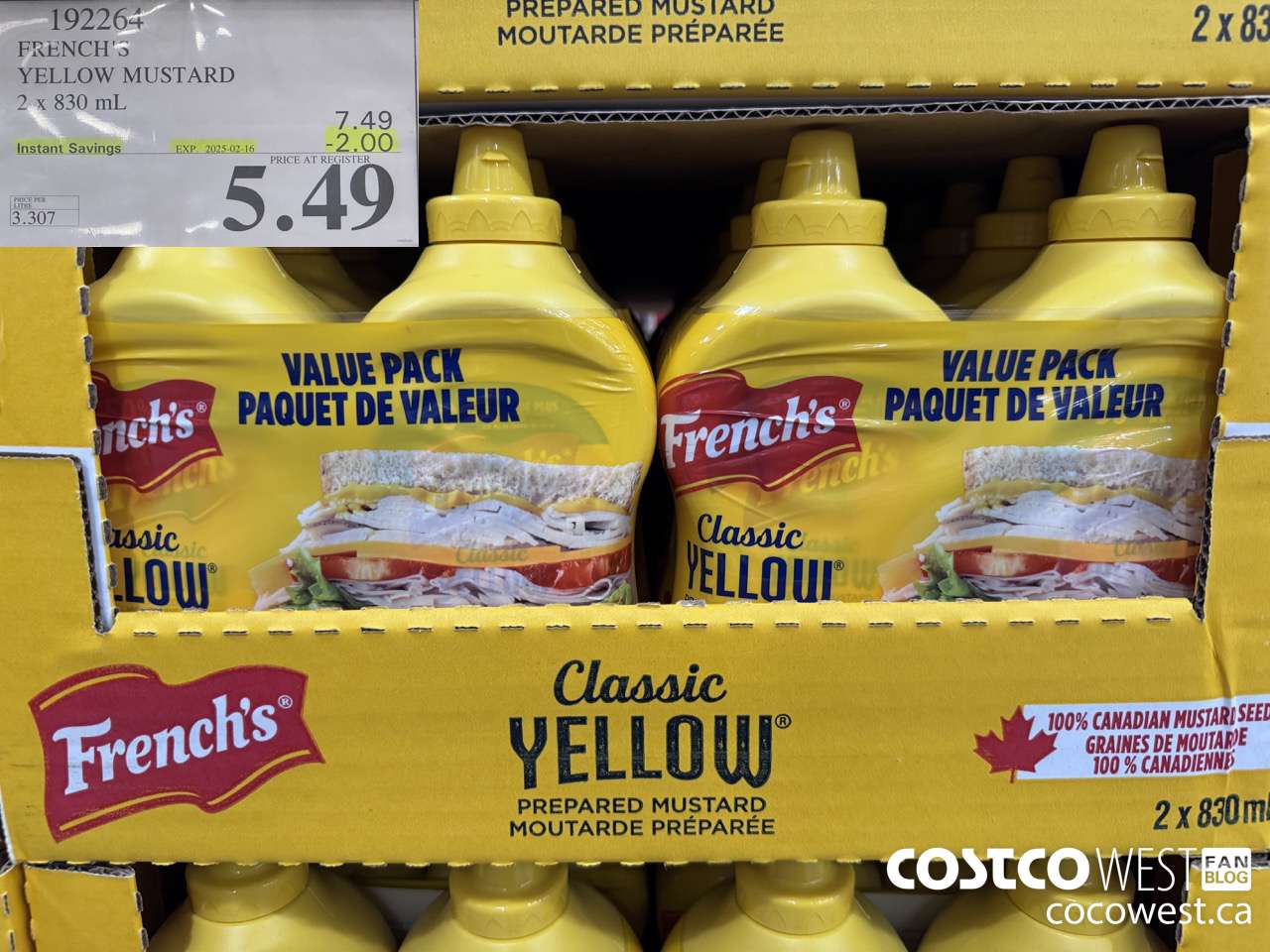 192264 FRENCH'S YELLOW MUSTARD 2 x 830 mL ($2.00 INSTANT SAVINGS EXPIRES ON 2025-02-16) $5.49
