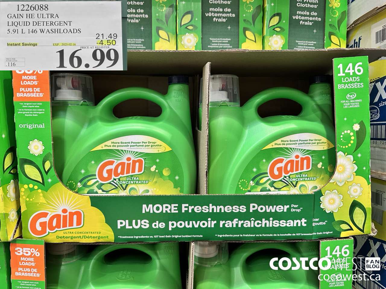 1226088 GAIN HE ULTRA LIQUID DETERGENT 5.91 L 146 WASHLOADS ($4.50 INSTANT SAVINGS EXPIRES ON 2025-02-16) $16.99