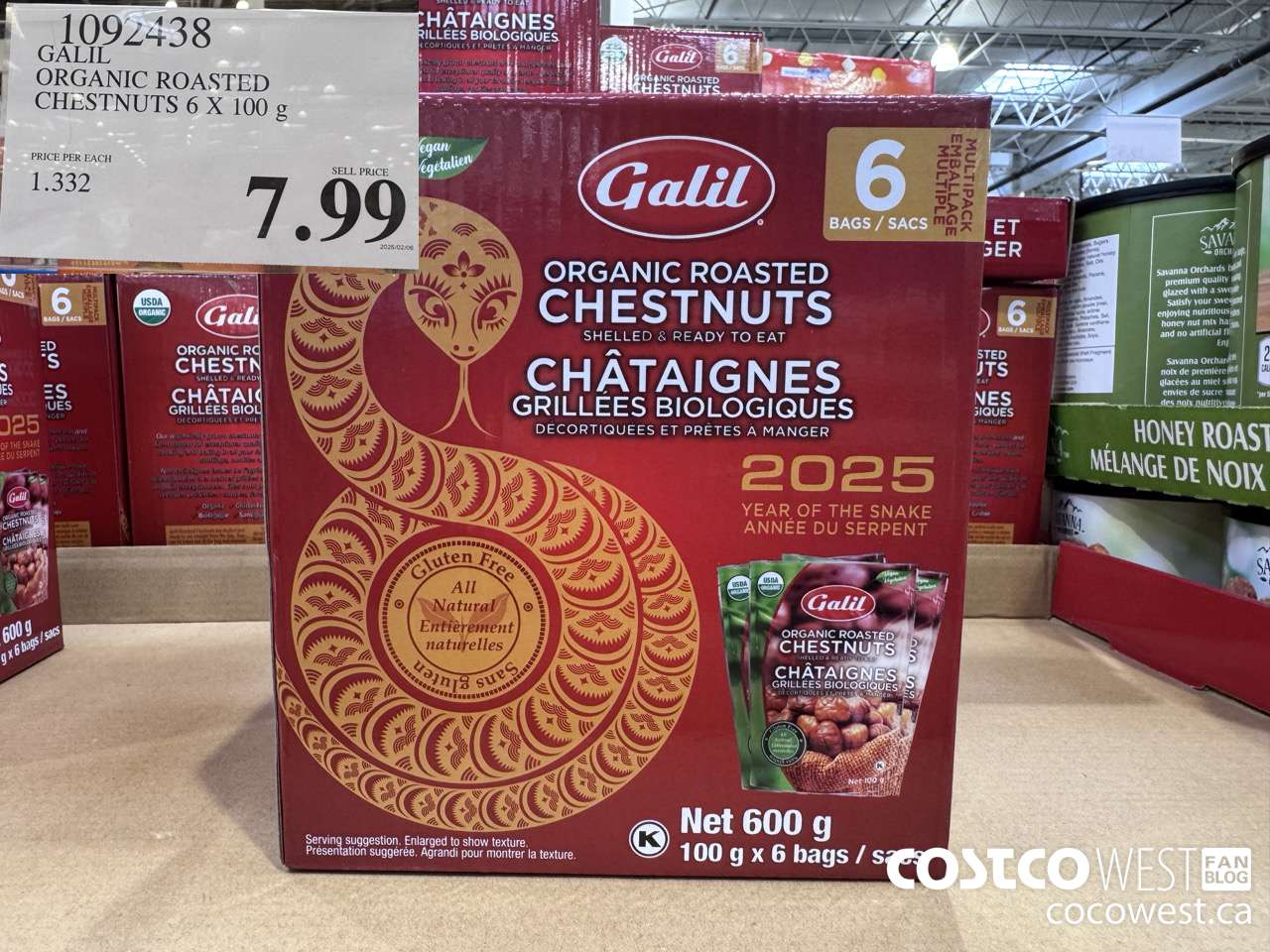 1092438 GALIL ORGANIC ROASTED CHESTNUTS 6 X 100G $7.99