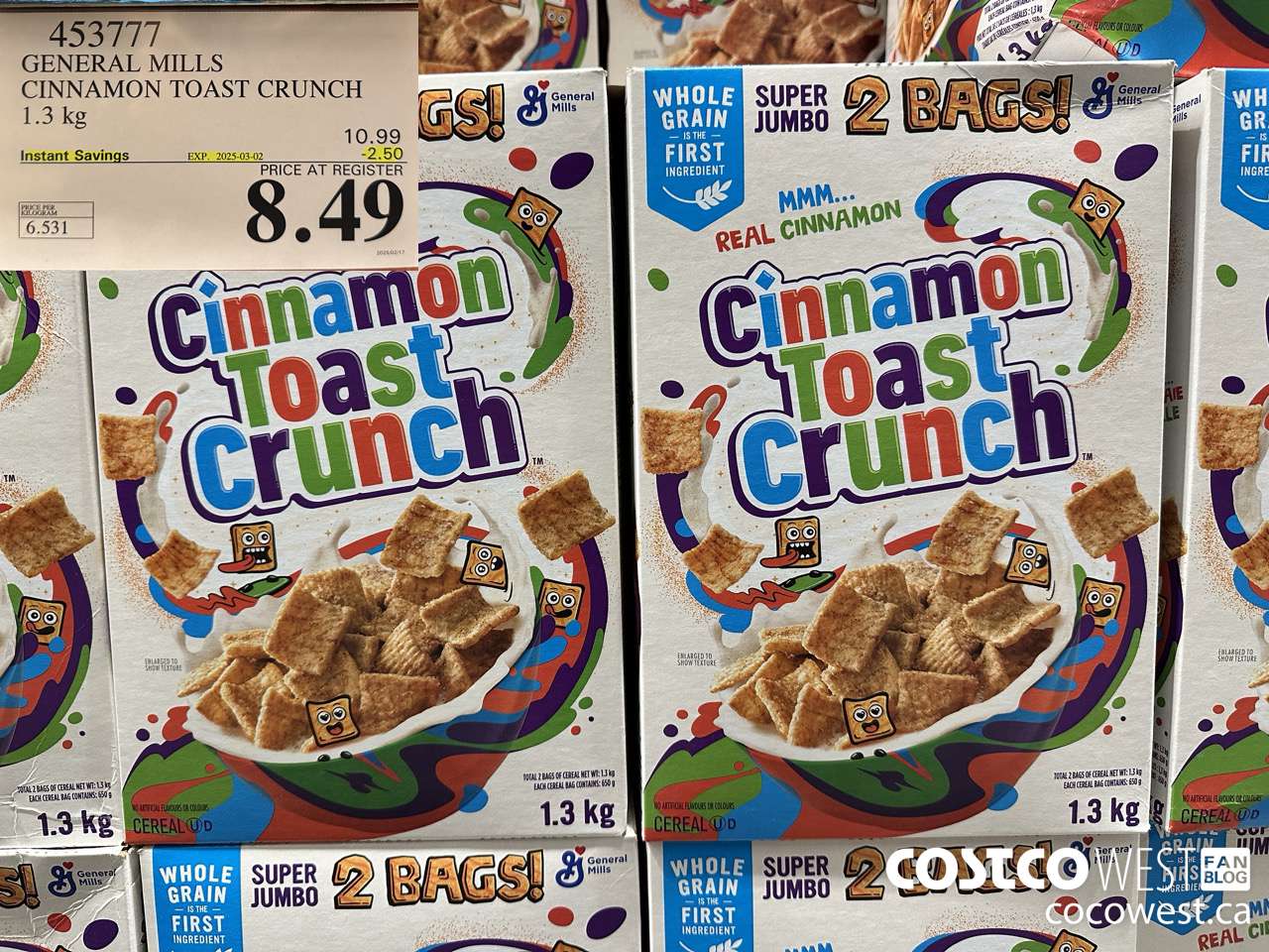 453777 GENERAL MILLS CINNAMON TOAST CRUNCH 1.3 kg ($2.50 INSTANT SAVINGS EXPIRES ON 2025-03-02) $8.49