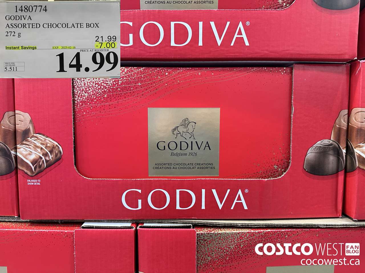 1480774 GODIVA ASSORTED CHOCOLATES 272 G ($7.00 INSTANT SAVINGS EXPIRES ON 2025-02-16) $14.99