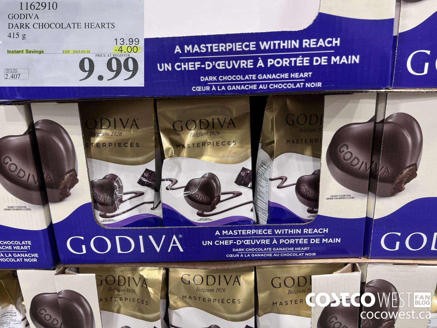 1162910 GODIVA DARK CHOCOLATE HEARTS 415 G ($4.00 INSTANT SAVINGS EXPIRES ON 2025-02-14) $9.99
