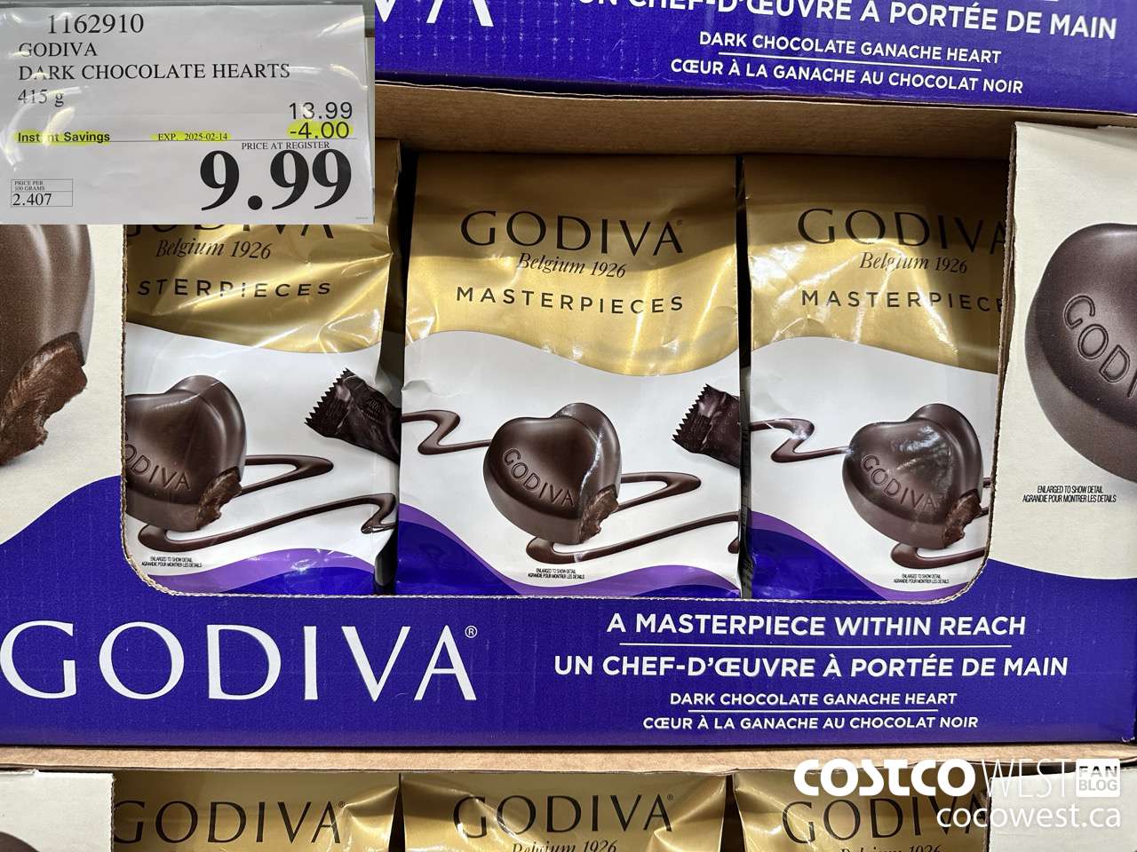 1162910 GODIVA DARK CHOCOLATE HEARTS 415 G ($4.00 INSTANT SAVINGS EXPIRES ON 2025-02-14) $9.99