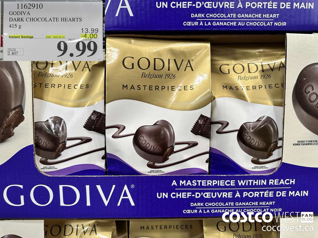 1162910 GODIVA DARK CHOCOLATE HEARTS 415 G ($4.00 INSTANT SAVINGS EXPIRES ON 2025-02-14) $9.99