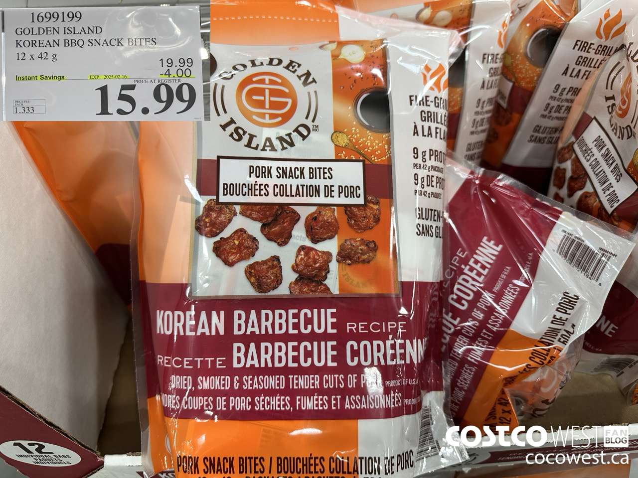 1699199 GOLDEN ISLAND KOREAN BBQ SNACK BITES 12 X 42 G ($4.00 INSTANT SAVINGS EXPIRES ON 2025-02-16) $15.99