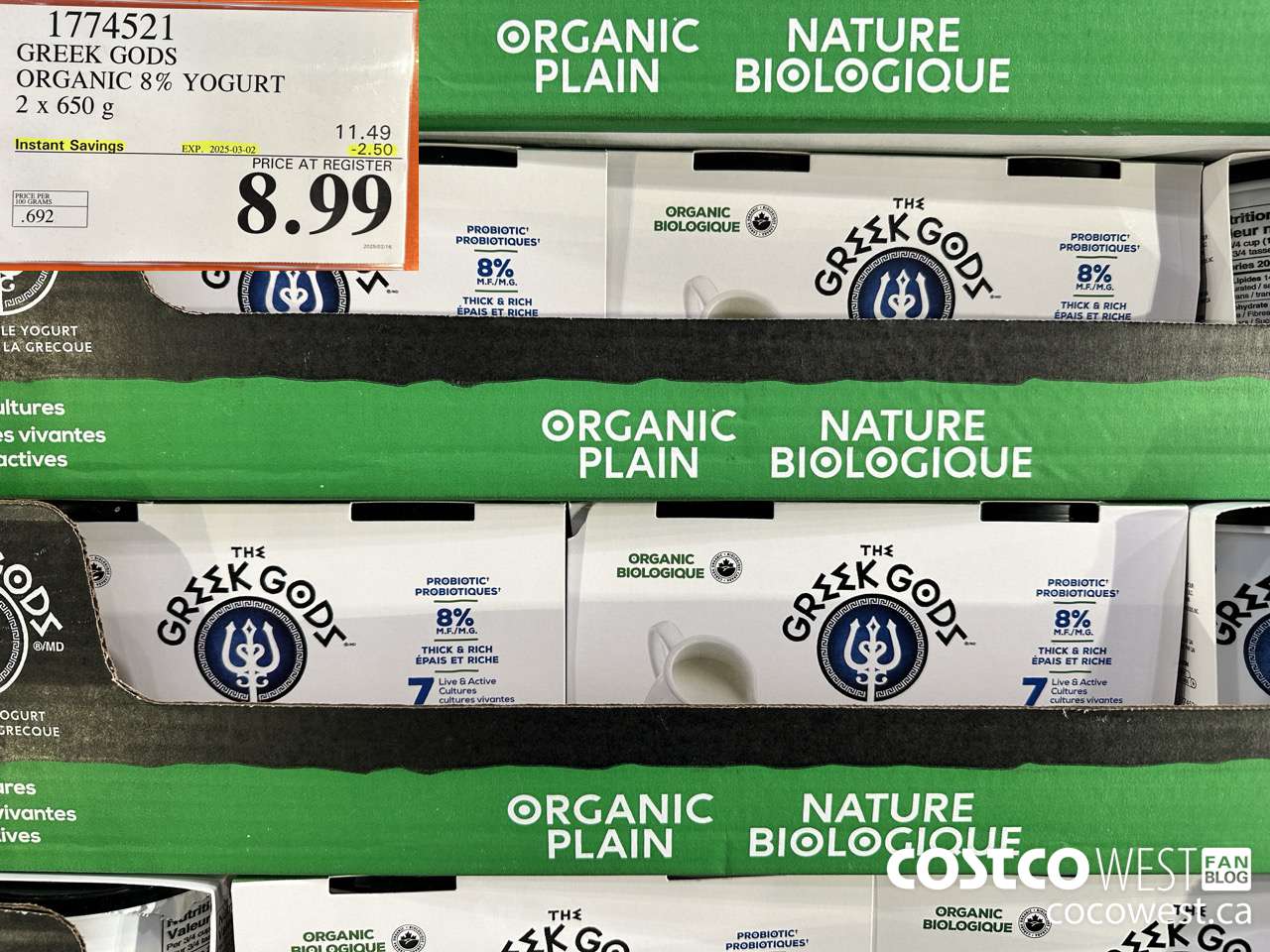 1774521 GREEK GODS ORGANIC GREEK YOGURT 2 X 650G ($2.50 INSTANT SAVINGS EXPIRES ON 2025-03-02) $8.99