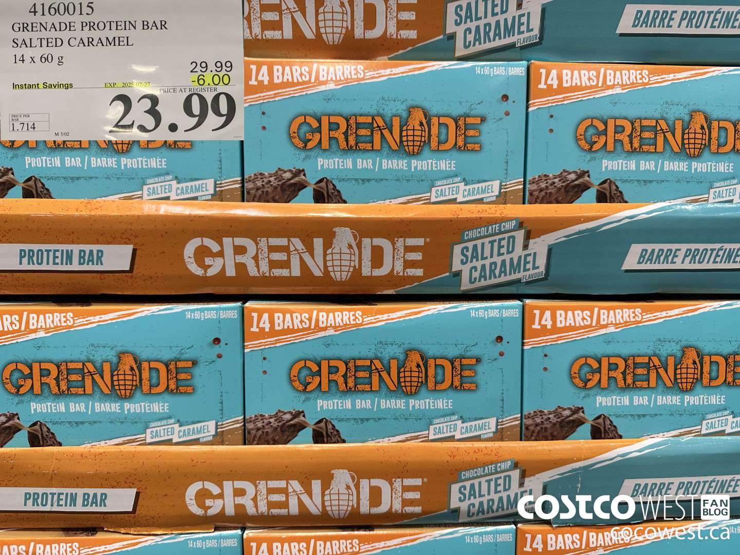 4160015 GRENADE PROTEIN BAR SALTED CARAMEL 14 X 60 G ($6.00 INSTANT SAVINGS EXPIRES ON 2025-02-27) $29.99