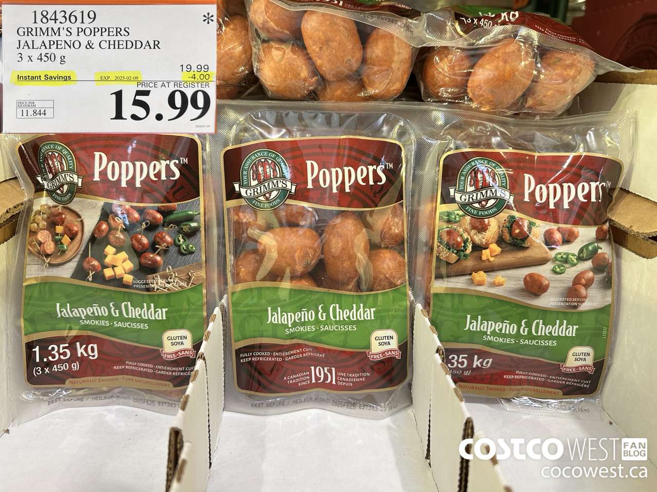 1843619 GRIMM'S POPPERS JALAPENO & CHEDDAR 3 X450G ($4.00 INSTANT SAVINGS EXPIRES ON 2025-02-09) $15.99