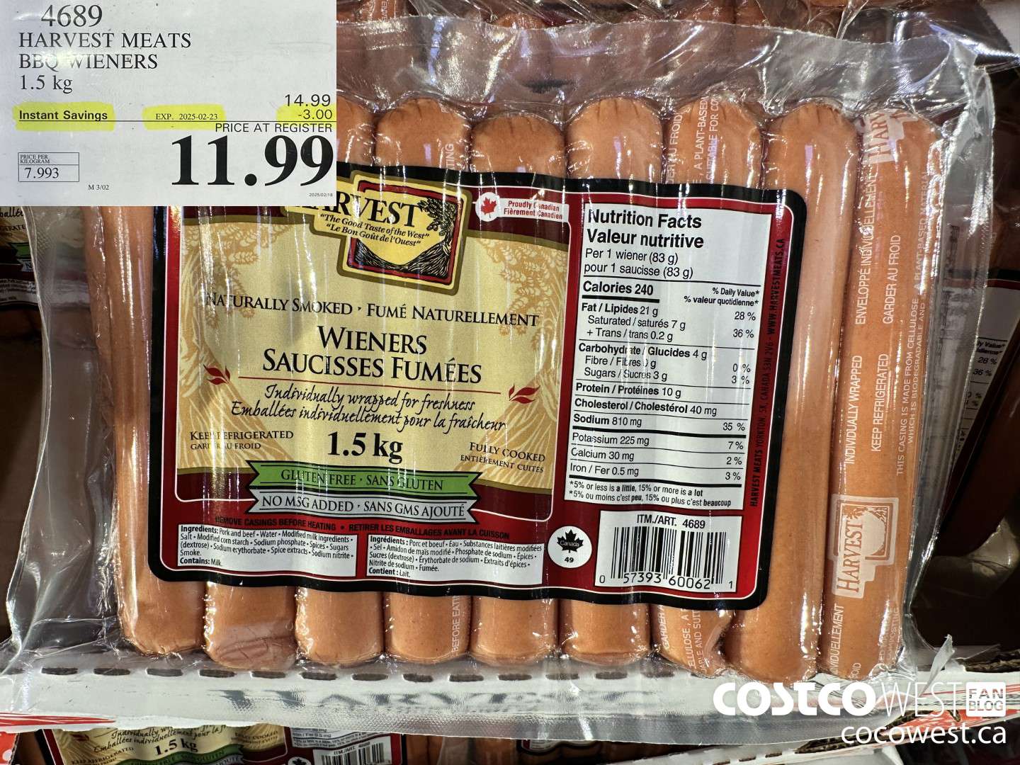 4689 HARVEST MEATS BBQ WIENERS 1.5 KG ($3.00 INSTANT SAVINGS EXPIRES ON 2025-02-23) $11.49