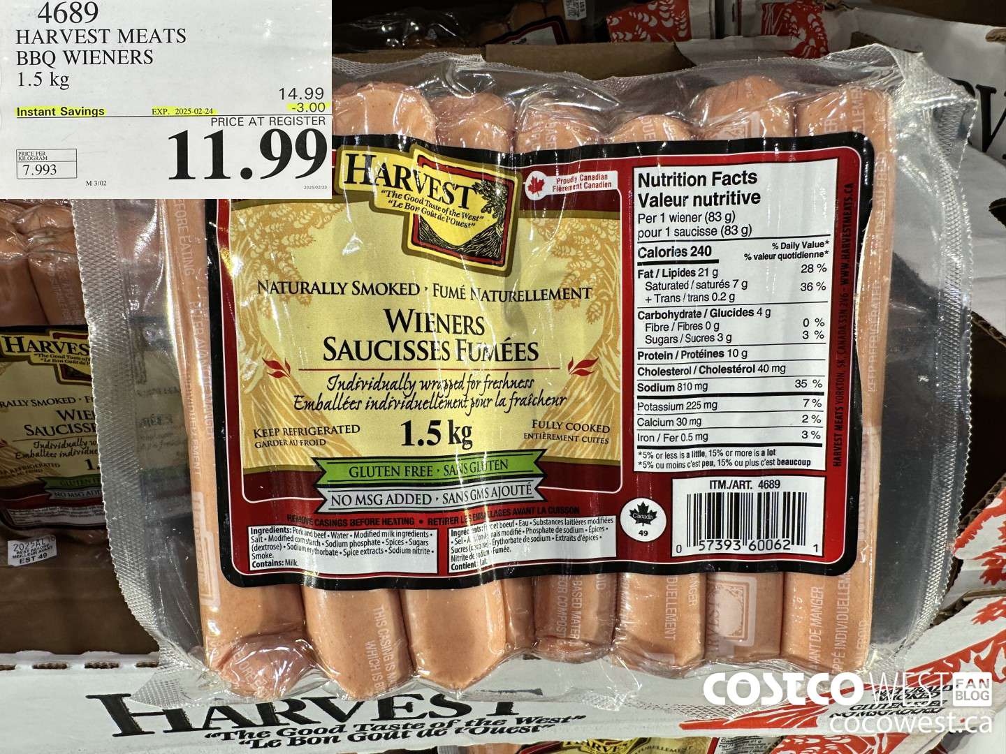 4689 HARVEST MEATS BBQ WIENERS 1.5 KG ($3.00 INSTANT SAVINGS EXPIRES ON 2025-02-24) $11.49