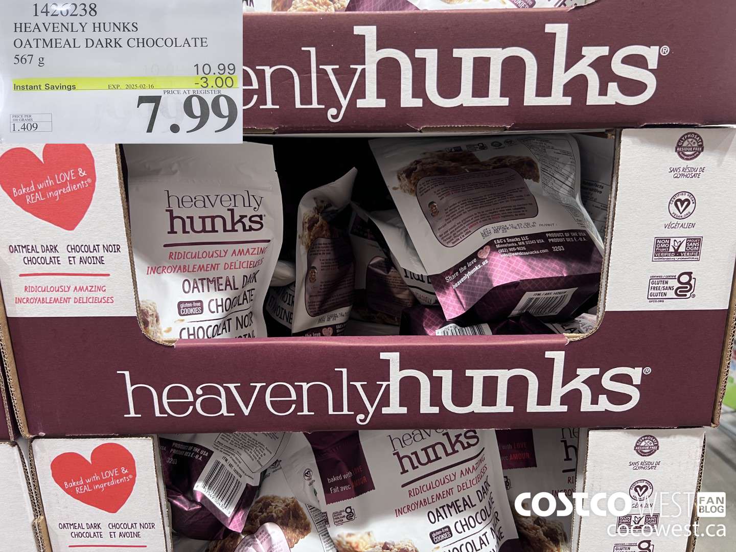 1426238 HEAVENLY HUNKS OATMEAL DARK CHOCOLATE 567g ($3.00 INSTANT SAVINGS EXPIRES ON 2025-02-16) $7.99