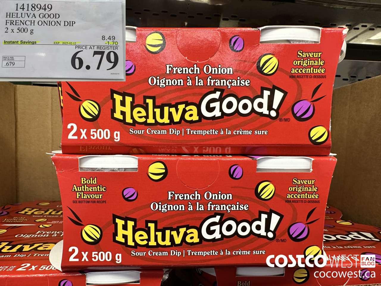 1418949 HELUVA GOOD FRENCH ONION DIP 2 x 500g ($1.70 INSTANT SAVINGS EXPIRES ON 2025-02-12) $6.79
