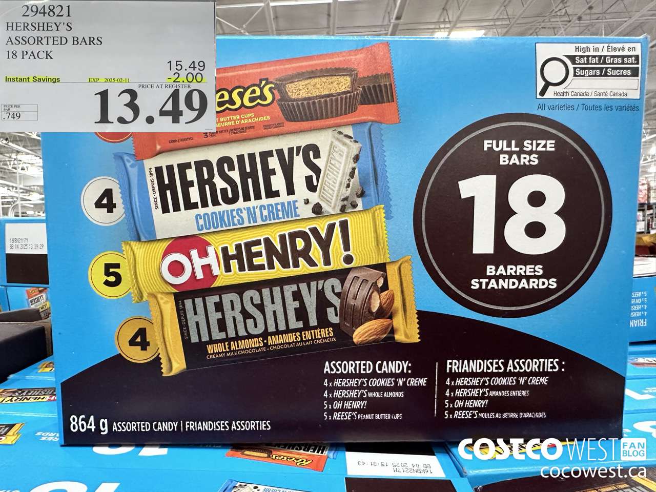 294821 HERSHEY'S ASSORTED BARS 18 PACK ($2.00 INSTANT SAVINGS EXPIRES ON 2025-02-11) $13.49