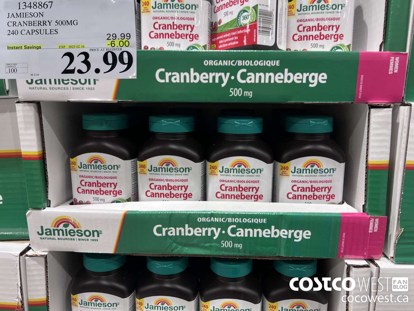 1348867 JAMIESON CRANBERRY 500MG 240 CAPSULES ($6.00 INSTANT SAVINGS EXPIRES ON 2025-02-16) $23.99
